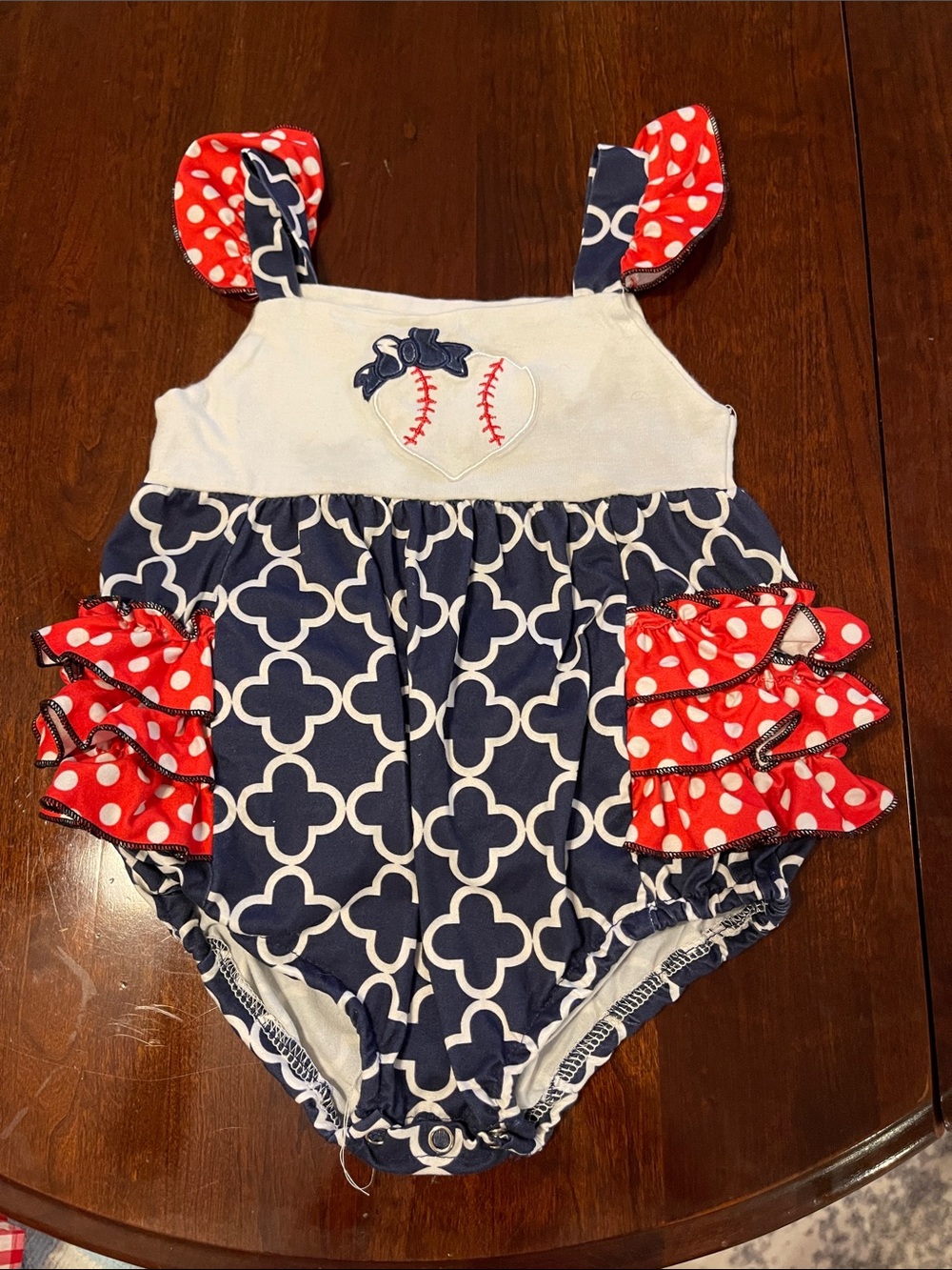 Navy & Red Polka Dot Baby One-Piece Romper with Heart Baseball Applique